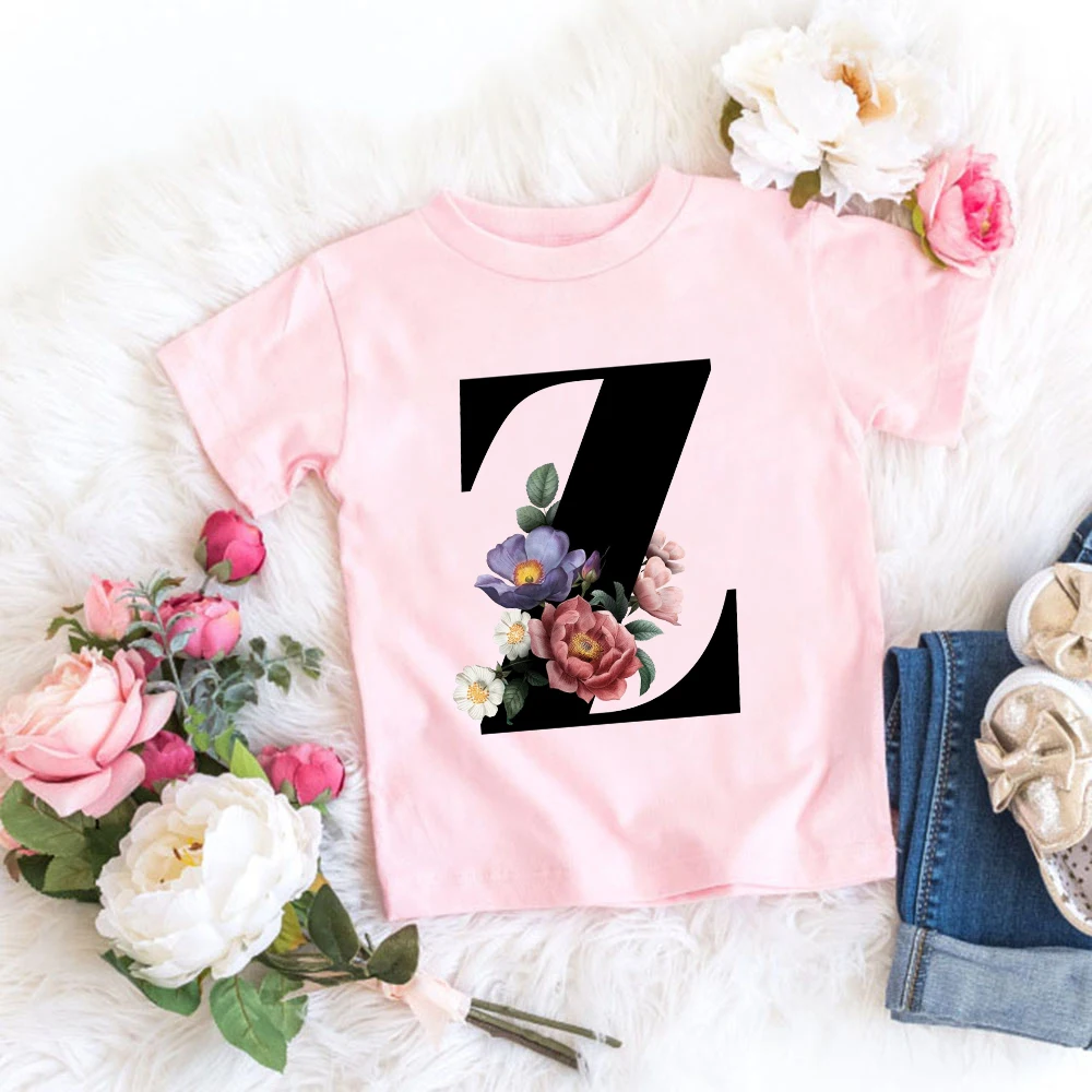 

Летняя модная футболка с коротким рукавом, детская розовая футболка с буквенным принтом растений, милые топы для девочек, повседневные футб...