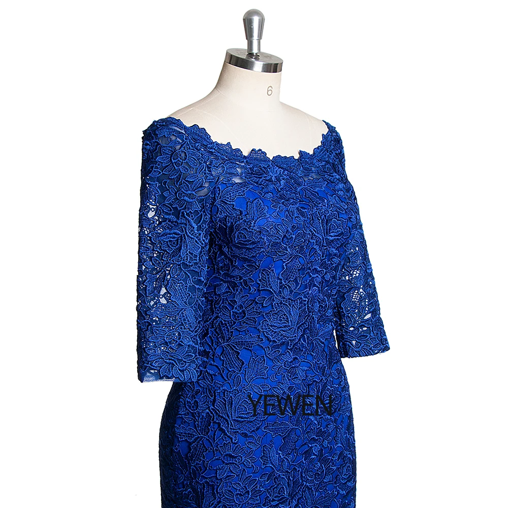 Королевское синее вечернее платье с вырезом лодочкой 2019 рукав до локтя длина