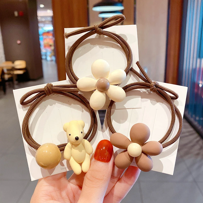 

1PC Flower Bear Hair Ring Simple All-match Plastic Bear Flower Rubber Band Hair Ring High Elastic Ponytail Holder Hair Tie