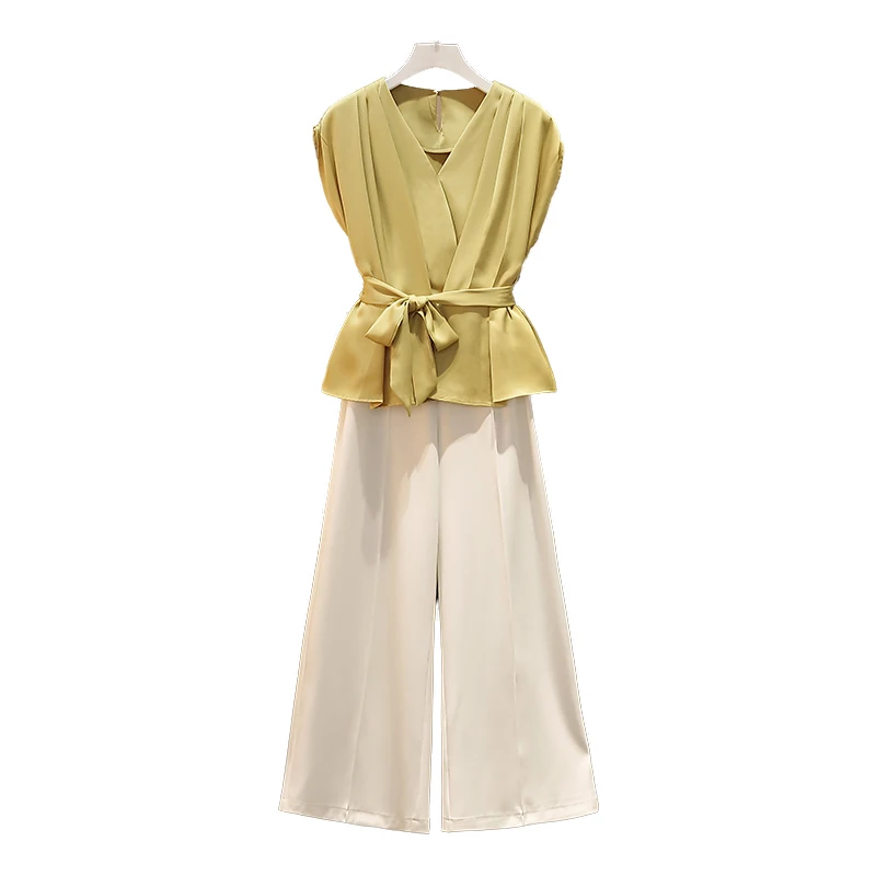 

Fashion Trouser Suit Women's Plus Size 2021 Summer High Waist Drape Wide-leg Pants with Straps Casual Top Two-piece Suit