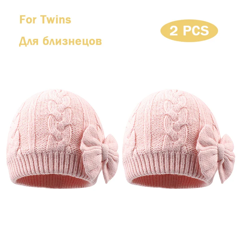 Twins Pink Милая шапка с бантом для маленьких девочек, зимняя теплая вязаная шапка для маленьких девочек, хлопковая шапка с подкладкой для малышей, весенняя шапка для близнецов, шапка для родителей и детей - Цвет: Twins Pink
