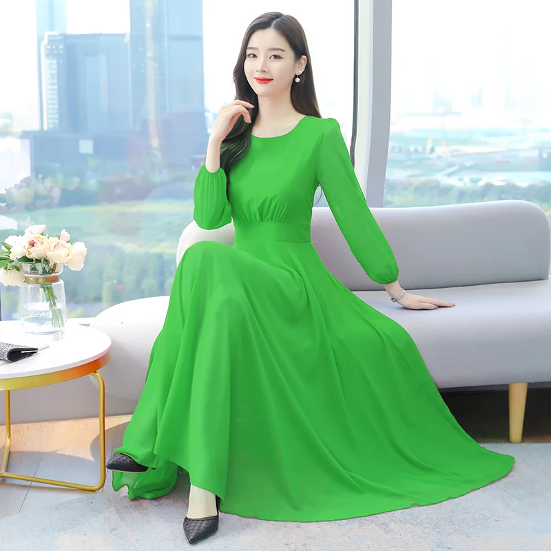 

Blue Solid Chiffon Plus Size Dress O Neck Midi Casual Long Sleeve Vestiti Donna Eleganti Red Cocktail Dresses For Women Party