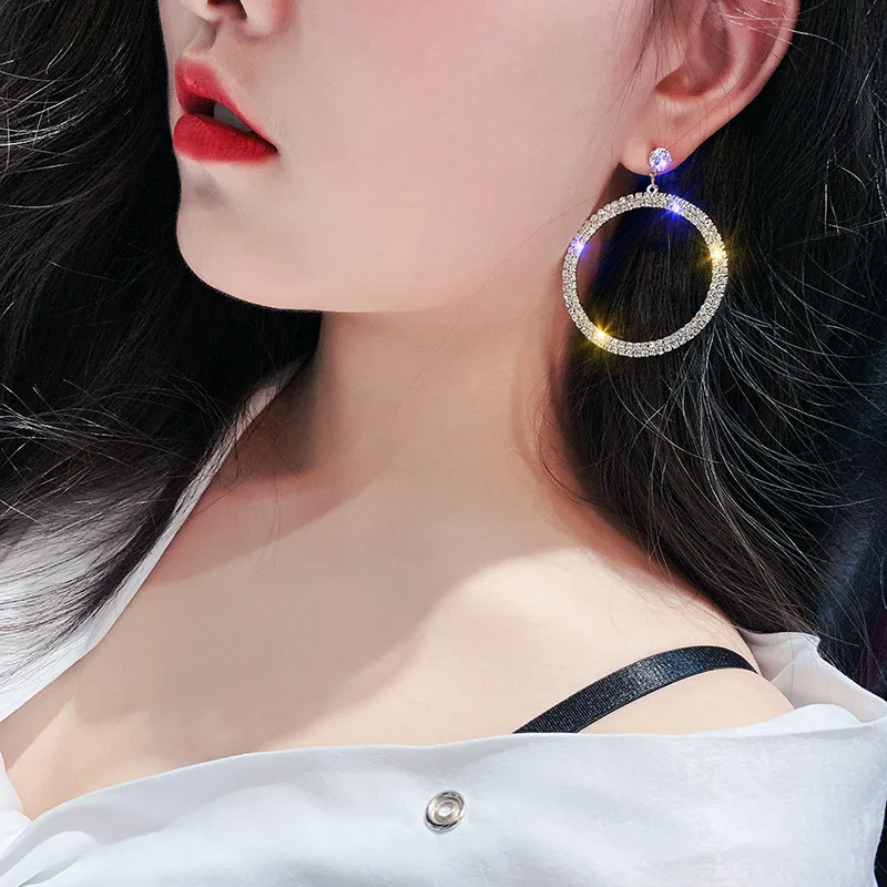 DREJEW Big Rose Gold Silver Circle Rhinestone Pearl Statement Earrings Christmas Fashion Hoop for Women Weddings HE456 | Украшения и