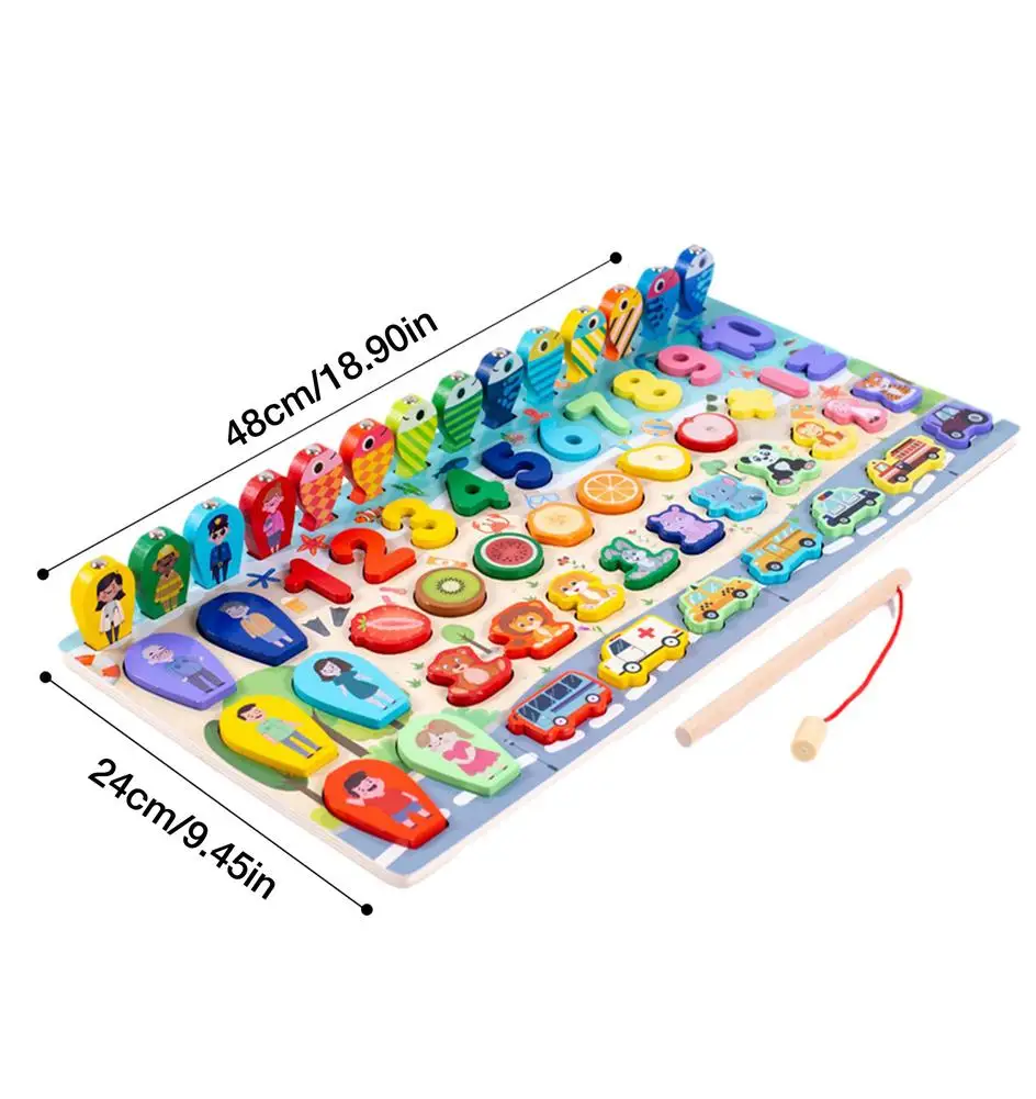 

Baby Wooden Montessori Educational Toys Kids Early Learning Shape Color Math Matching Log Board Fishing Puzzle Count Number Game