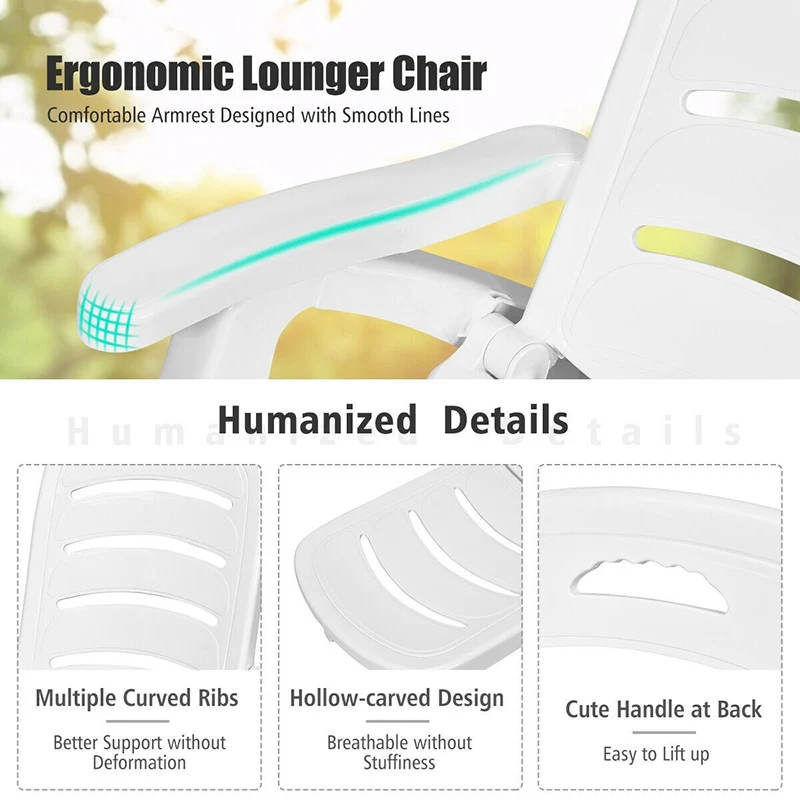 

5 Position Adjustable Folding Chaise Rolling Lounge Chair Ergonomic Curved Design Provides Environmental Premium PP Beach Chairs