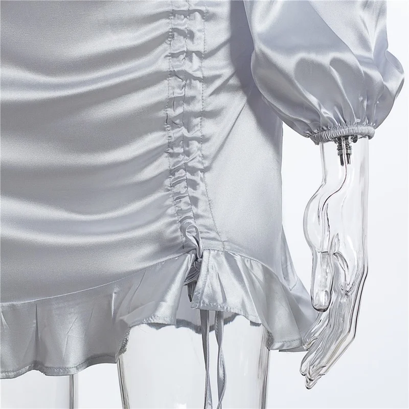 

Woman Summer Dress Satin Drawstring Irregular Hollow Out Hip V Neck Sexy Dress Long Sleeve High Waist Ruffled Club Dress Lady