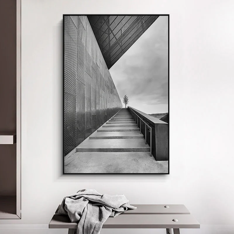 

Simple and modern Nordic black and white building stair scenery porch sitting room mural poster print canvas decorative picture