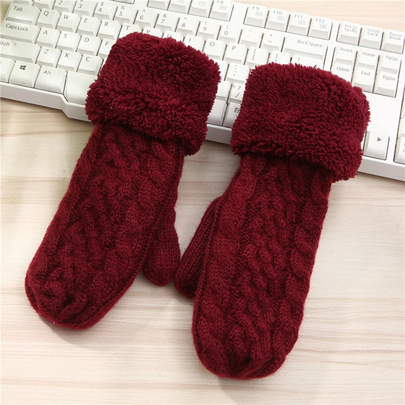 

Women Fashion Knit Mittens Winter Female Plus Velvet Thickening Warm Full Finger Solid Thermal Cycling Golves