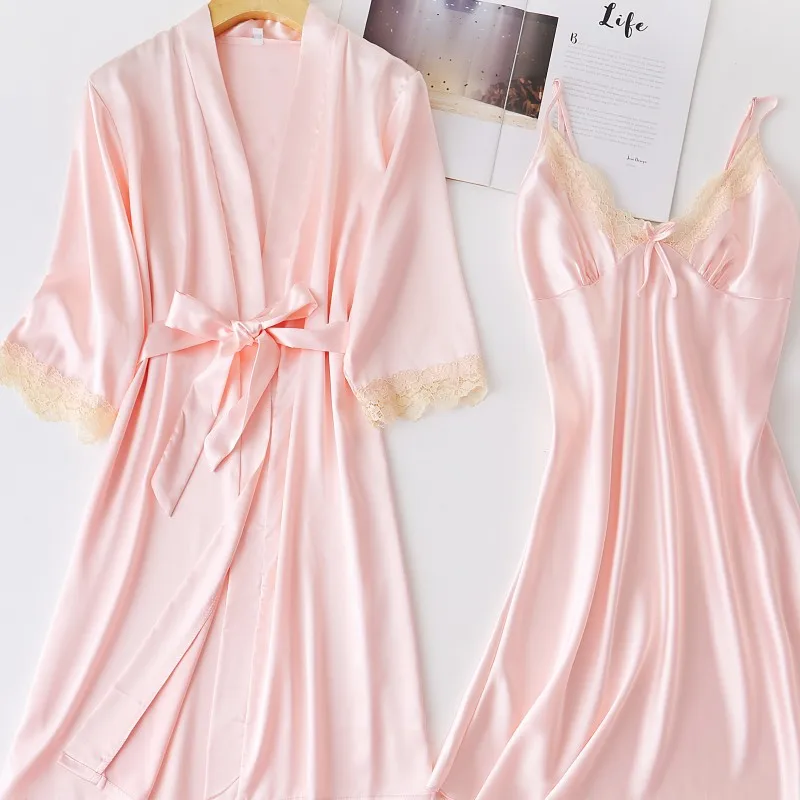 

Sleepwear Kimono Gown Loose Two Piece Suit Faux Silk Robe Set Women Lace Patchwork Bathrobe Bridal Wedding Gift Lingerie