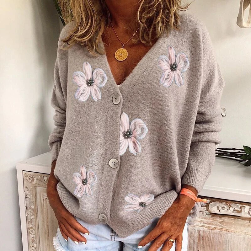 

Elegant Flowers Embroidery Knitted Cardigan Sweaters Autumn Winter Fashion Tops Women Casual Loose Long Sleeve Cardigans 2021