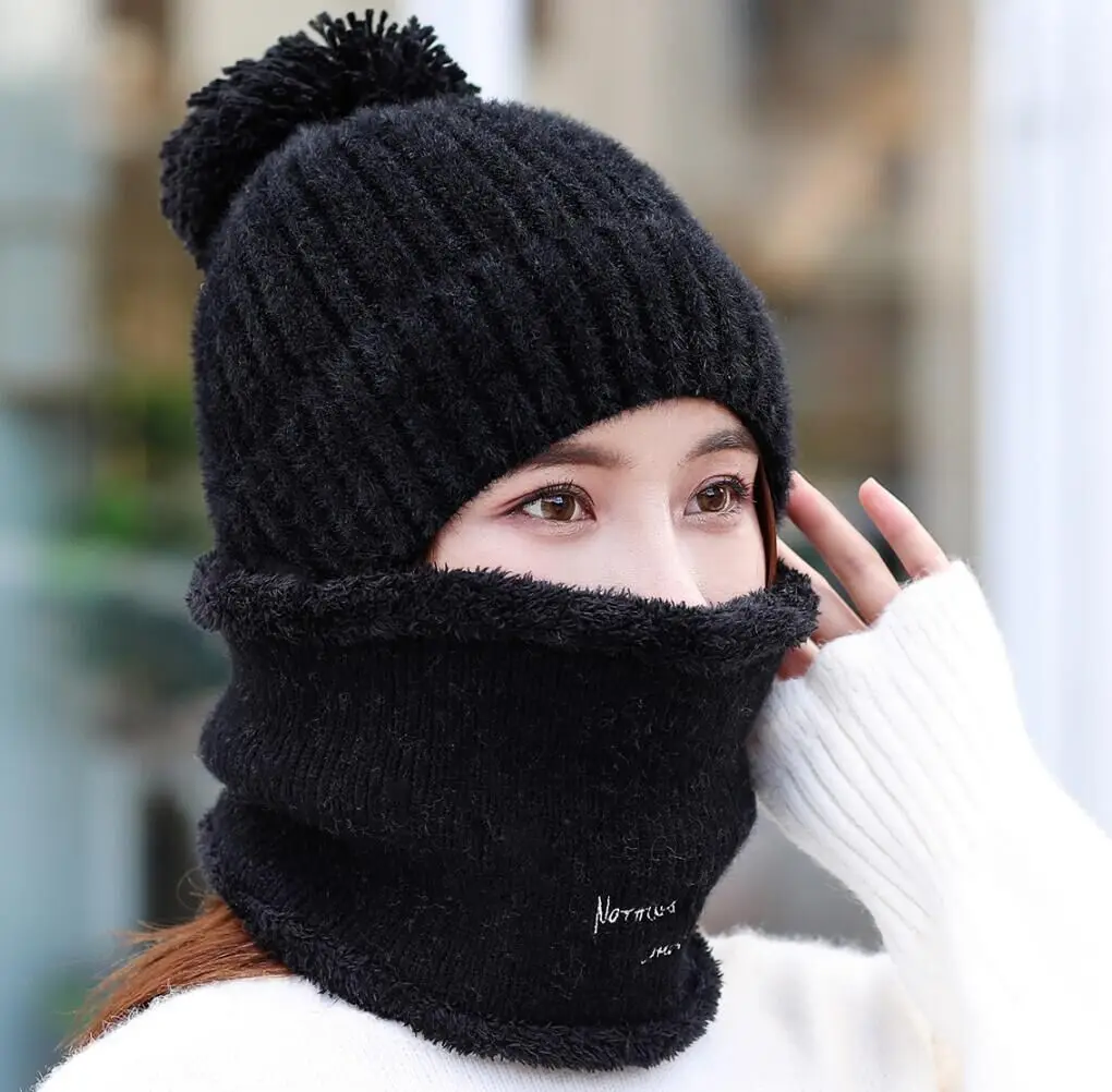 Knitted Hat With Scarf Collars SUOGRY Sets For Women Winter Ladies Hat& Scarf With Pompom Thick Two Piece Keep Snow Warm Set