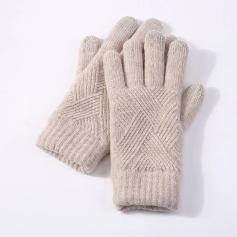 

Female Winter Warm Knitted Full Finger Gloves Men Solid Woolen Touch Screen Mittens Women Thick Warm Cycling Driving Gloves