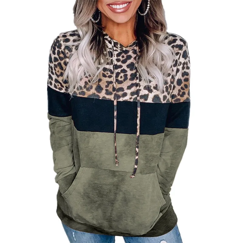 

Autumn and winter women's leopard print loose hooded long sleeve sweater