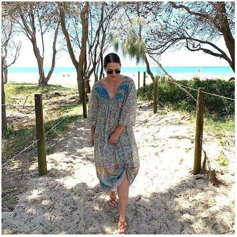 Женское ретро-платье бохо свободное платье с длинным рукавом и v-образным вырезом