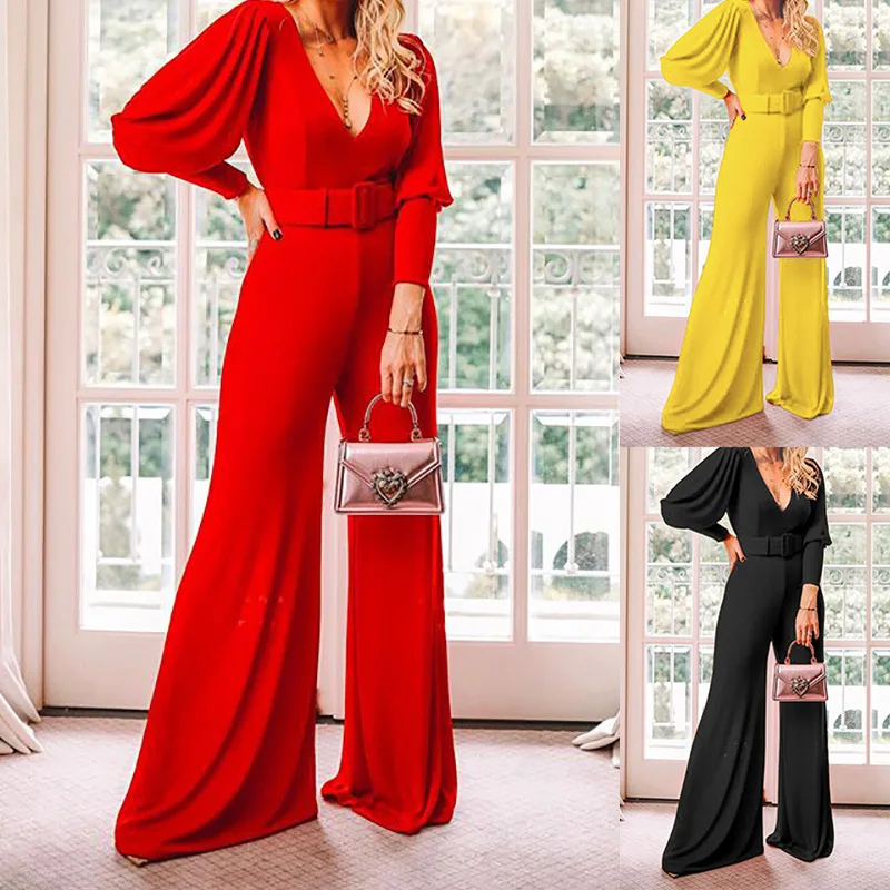 

Women V-Neck Wide Leg Pants Rompers Women Jumpsuit Sexy Jumpsuits For Women 2021 Women's Office Lady Jumpsuits Plus Size