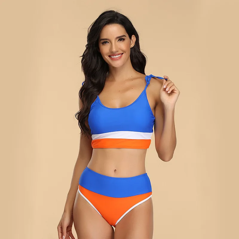 

2021 New Fashion Women Sexy Bikini Split Body Collision Color Swimsuit Sport Bikini Set Blue Orange Patchwork SW402