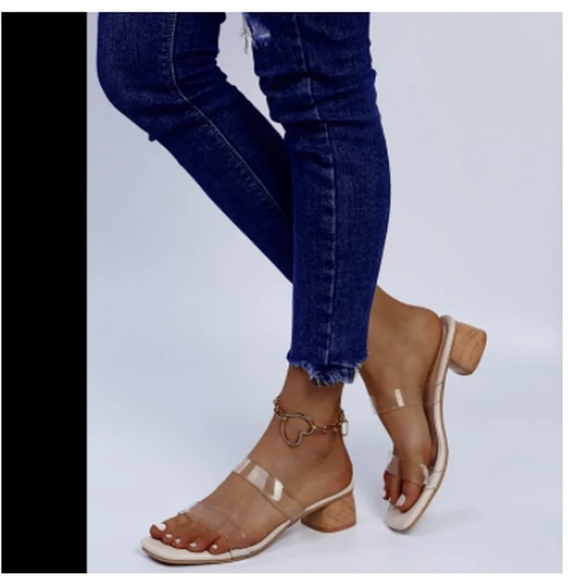 New Women's Summer Gladiator Sandals Flip Flops Mid Square Heels Pumps Slippers Shoes Women Peep Toe Slides Slippers Shoes Femme