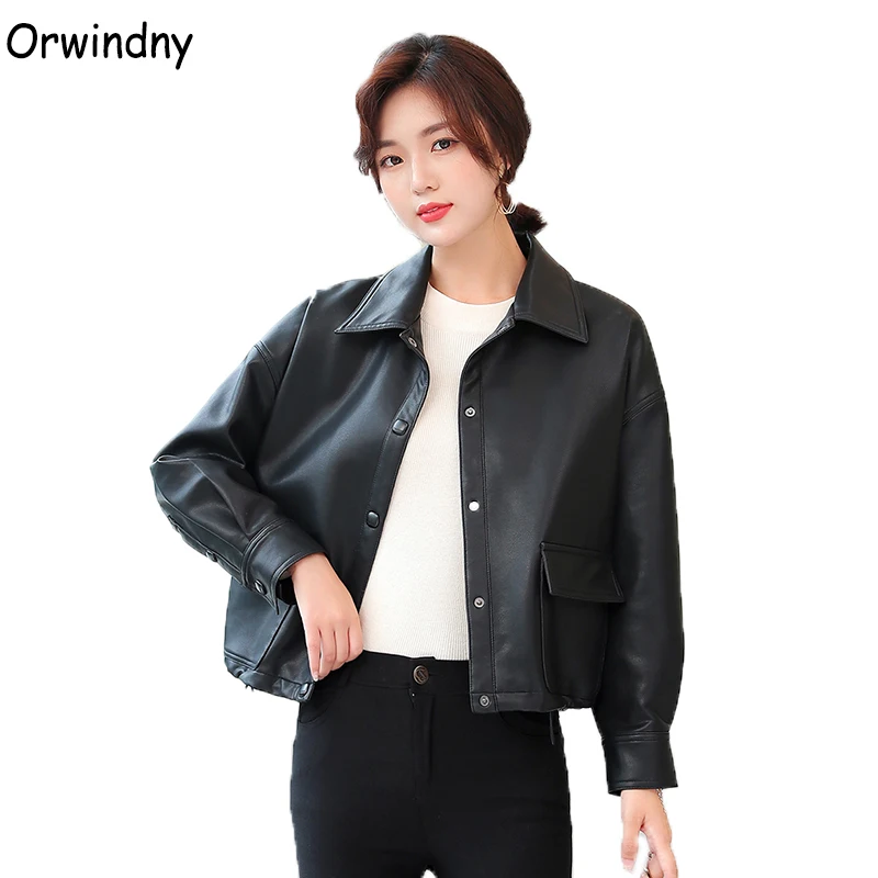 Женская кожаная куртка повседневная Стильная черная мотоциклетная из