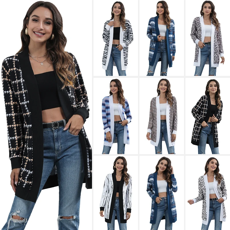 

Женский вязаный кардиган с леопардовым принтом, Свободный Повседневный Кардиган для осени и зимы