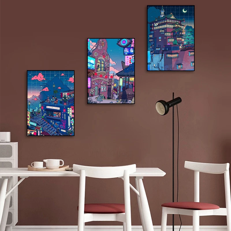 Мультяшный аниме художественный постер точки зрения улица печать ночное дерево