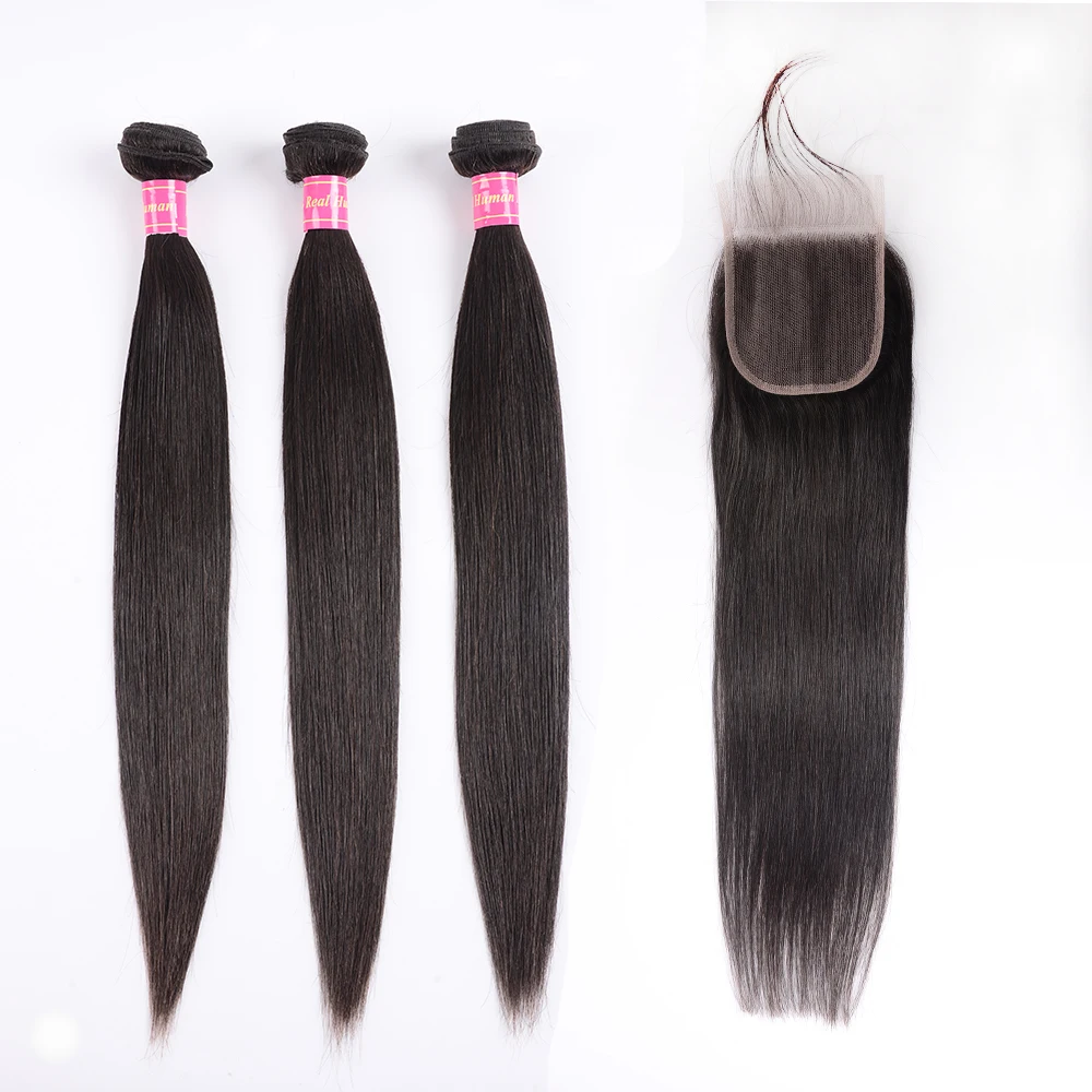 Прямые пучки волос с закрытием перуанские человеческих не Remy волосы ткет|3/4 пучка