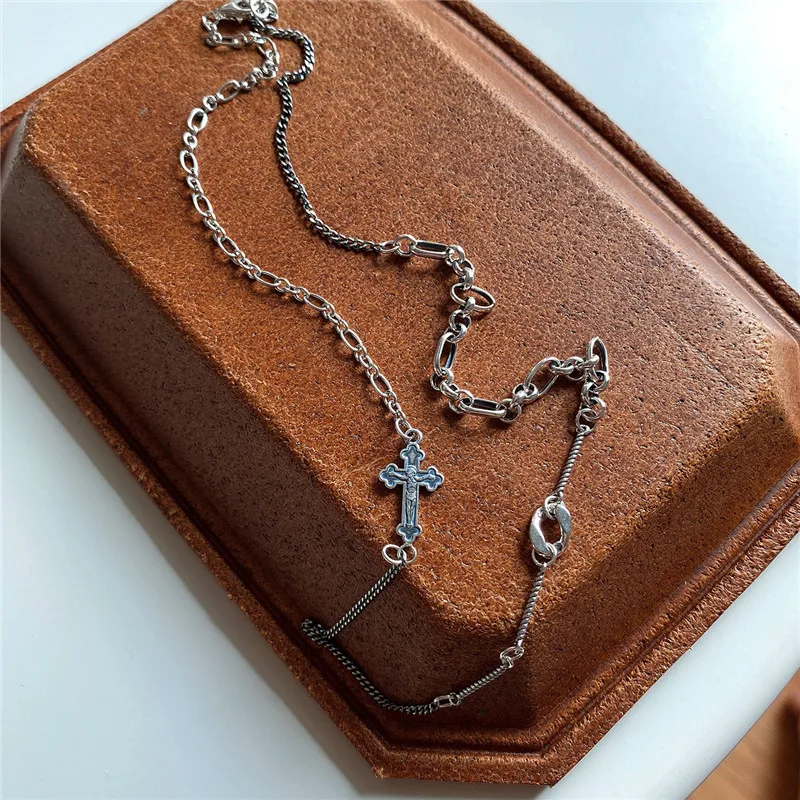 

RUIYI Korean Style Real 925 Sterling Silver Love And Faith Chic Chokers Women Vintage Young Girls Simple Cross Handmade Necklace