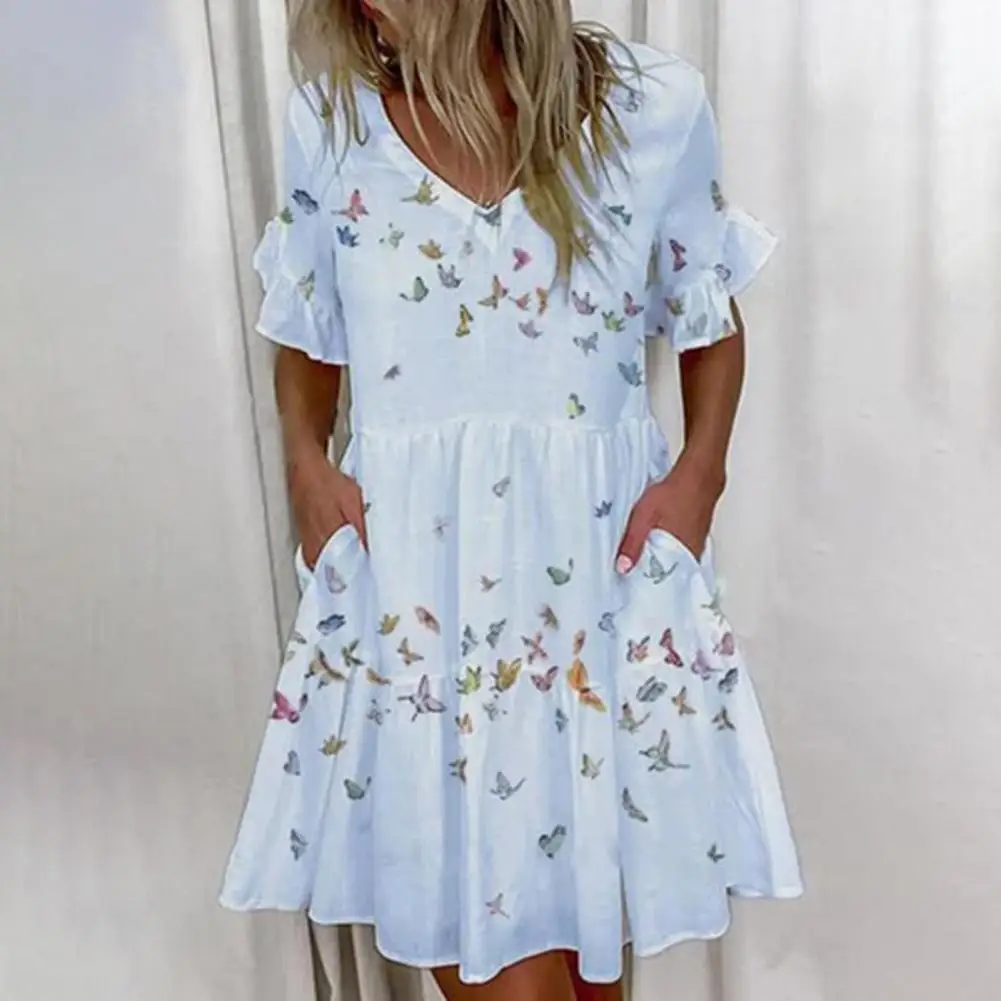 

Summer Women Dresses Color Block Short Ruffle Sleeve V Neck Pockets Floral Print Mini Dress Elegant Casual Party Beach Sundress