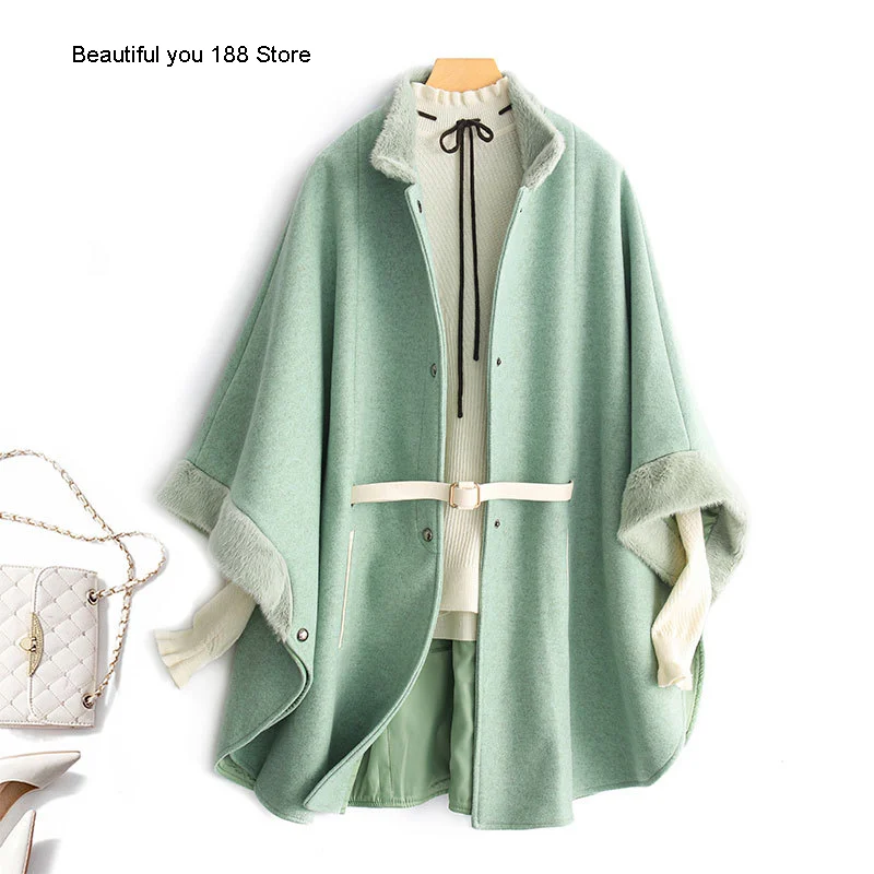 

high-end loose fur collar cloak woolen coat for winter