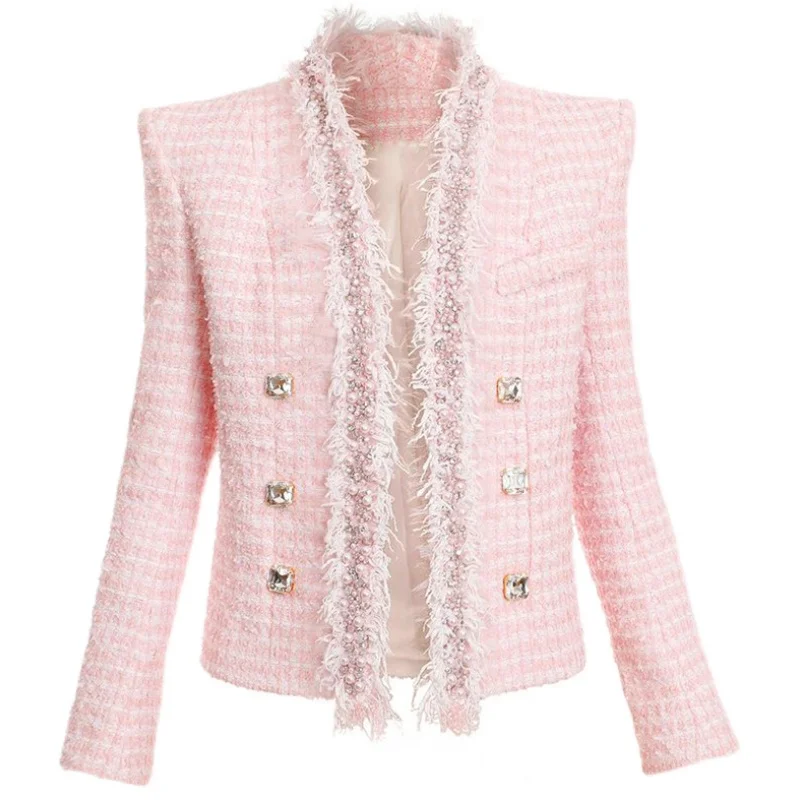 

Pink heavy industry small fragrance pearl fringe emperament tweed jacket women double breasted slim outwear