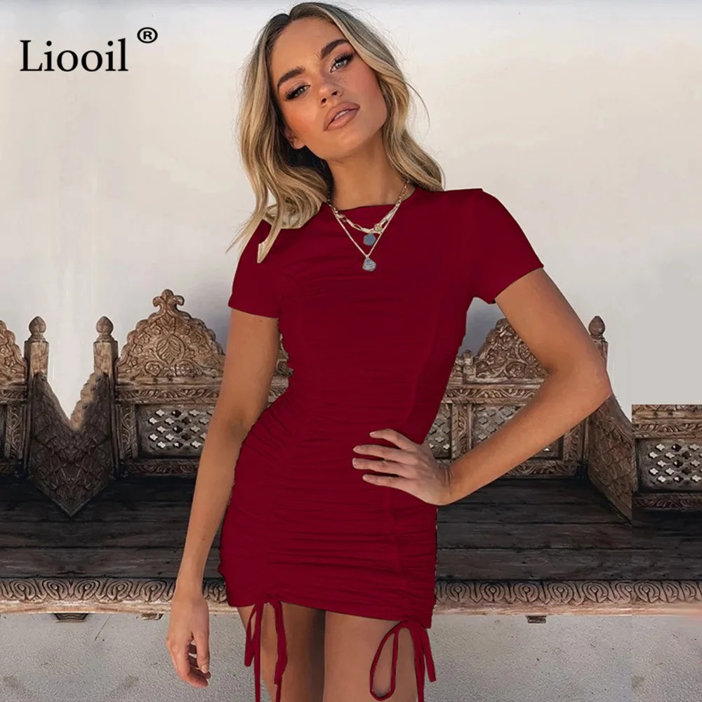 Liooil, сексуальное облегающее мини-платье с рюшами,, короткий рукав, о-образный вырез, черный, белый цвет, облегающие платья, женские вечерние платья для ночного клуба - Цвет: Красный