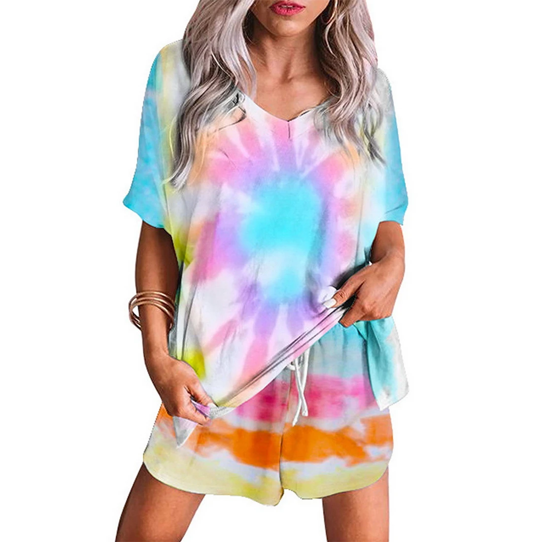 

Littlerossa Women Casual Loose Tie Dye Colorful Clothing Sets Short Sleeve Pullover Crew Neck Top High Waist Drawstring Shorts