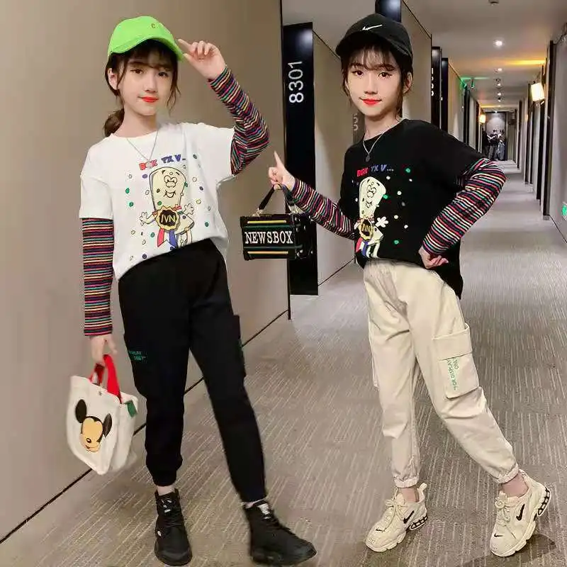 

2021 New Leisure Children's Suit Girls' Autumn Clothes Children's Cartoon T-shirt Overalls Long pants 2-13 yrs girls clothes