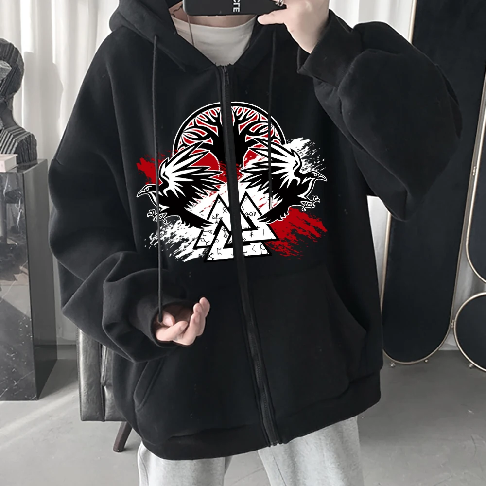 

Fashion Vikings Zipper Coat Mens Winter Fleece Loose Jackets Anime Vintage Harajuku Hooded Tracksuit New Hip Hop Oversize Jacket