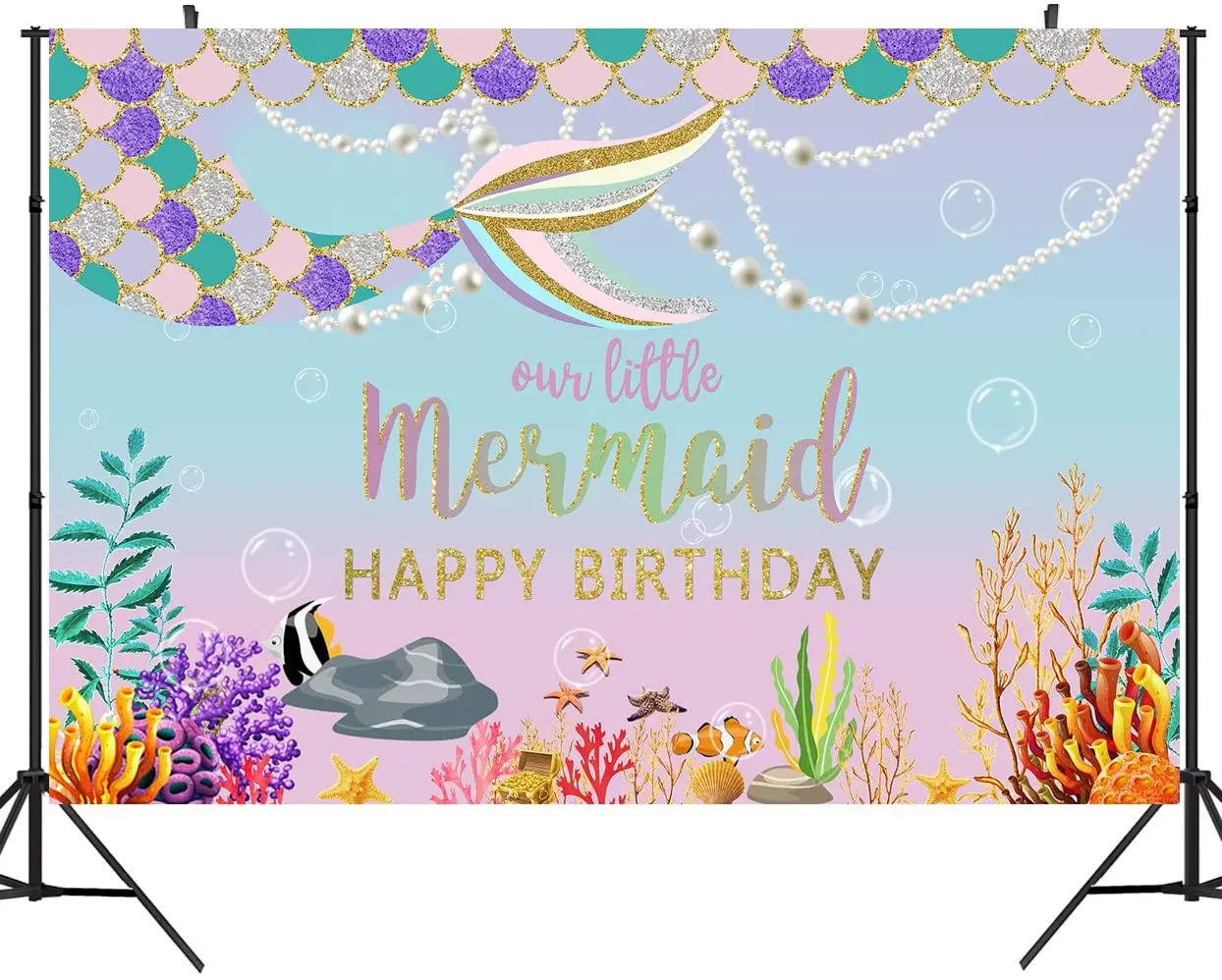 

Little Mermaid Backdrop Under The Sea Girl Princess Birthday Party Photography Background Pearl Necklace Scales Gold Glare Props