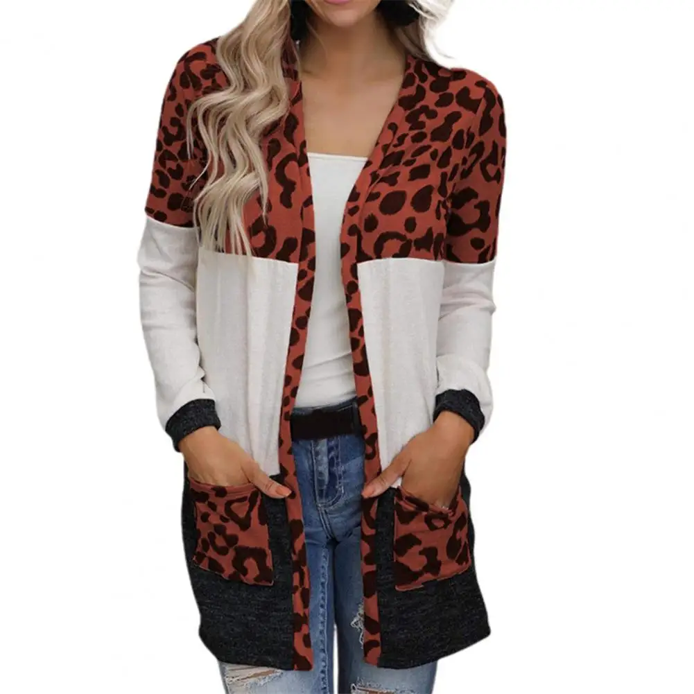 

Ele-choices Women Autumn&Winter Leopard Print Patchwork Cardigan Female Long Sleeves Knitted Open Stitch Sweater Coat for Daily