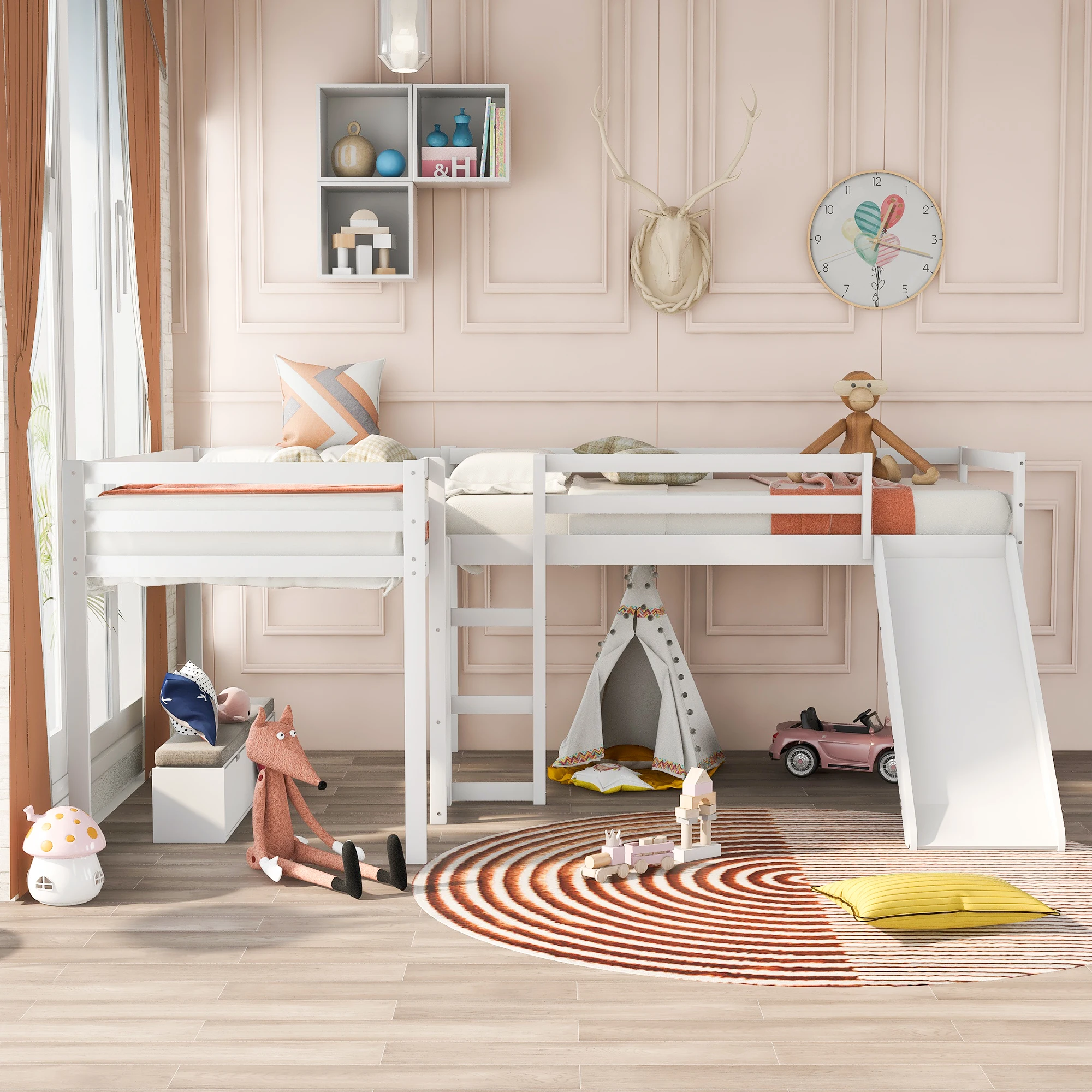 

L-Shaped Loft Bed with Ladders and Slide, White
