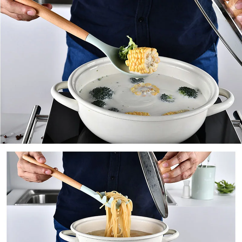 

Durable Practical Heat Resistant Silicone Kitchenware Kitchen Tool Cookware Sets Wooden Handle AC889