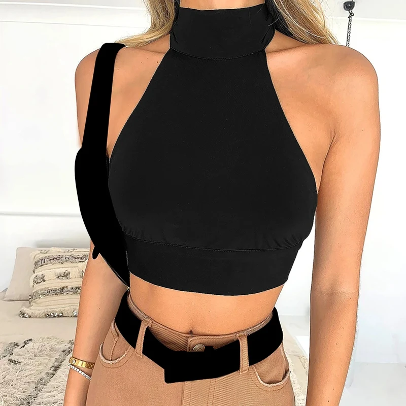 

Женский модный сексуальный облегающий топ с открытым пупком и лямкой на шее, черный