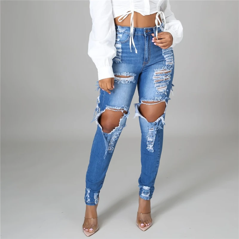 

Women’s Slim Fit Jeans Fashion Solid Color Ripped Hole Tassel Stretch High-waist Denim Pencil Street Casual Jean Trousers