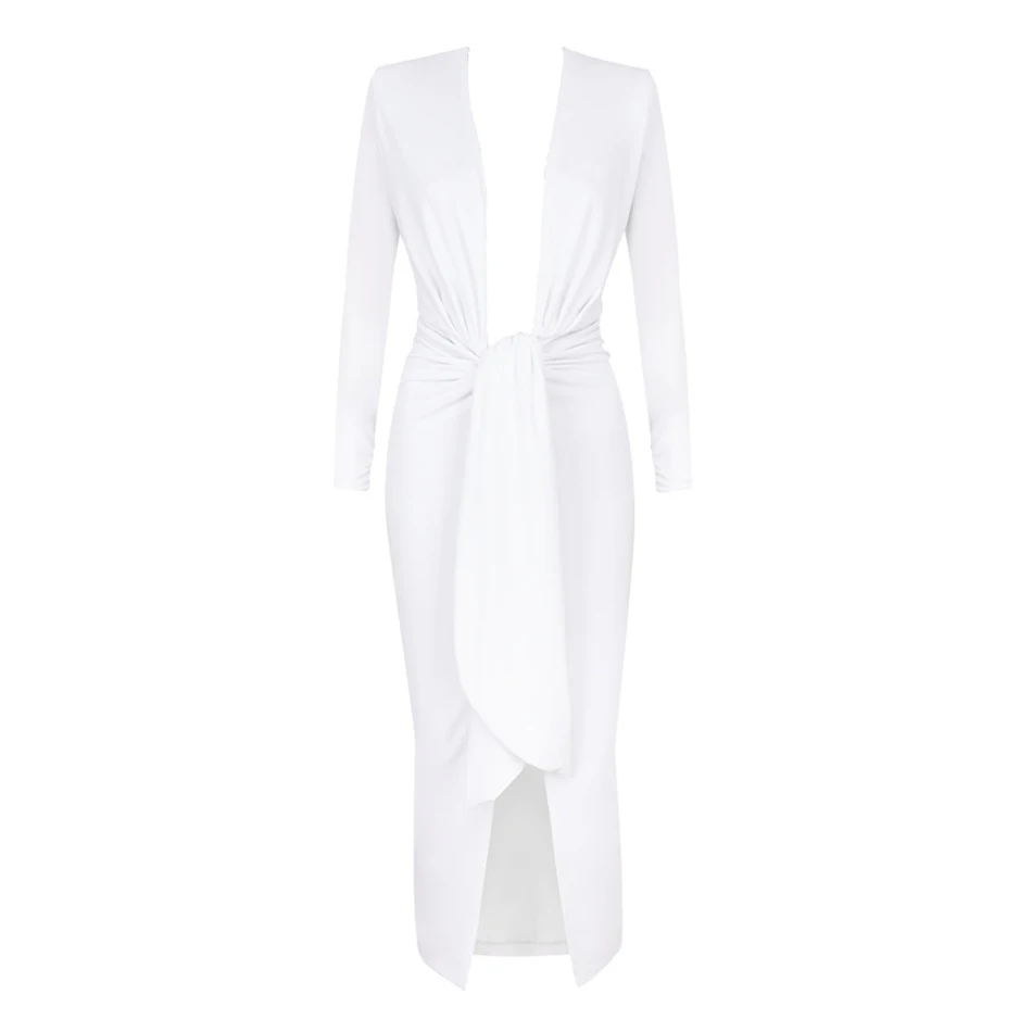 

Ailigou New 2021 Summer Women's Deep V-Neck White Midi Dress Sexy Bodycon Club Celebrity Party Dangle Dress Vestido