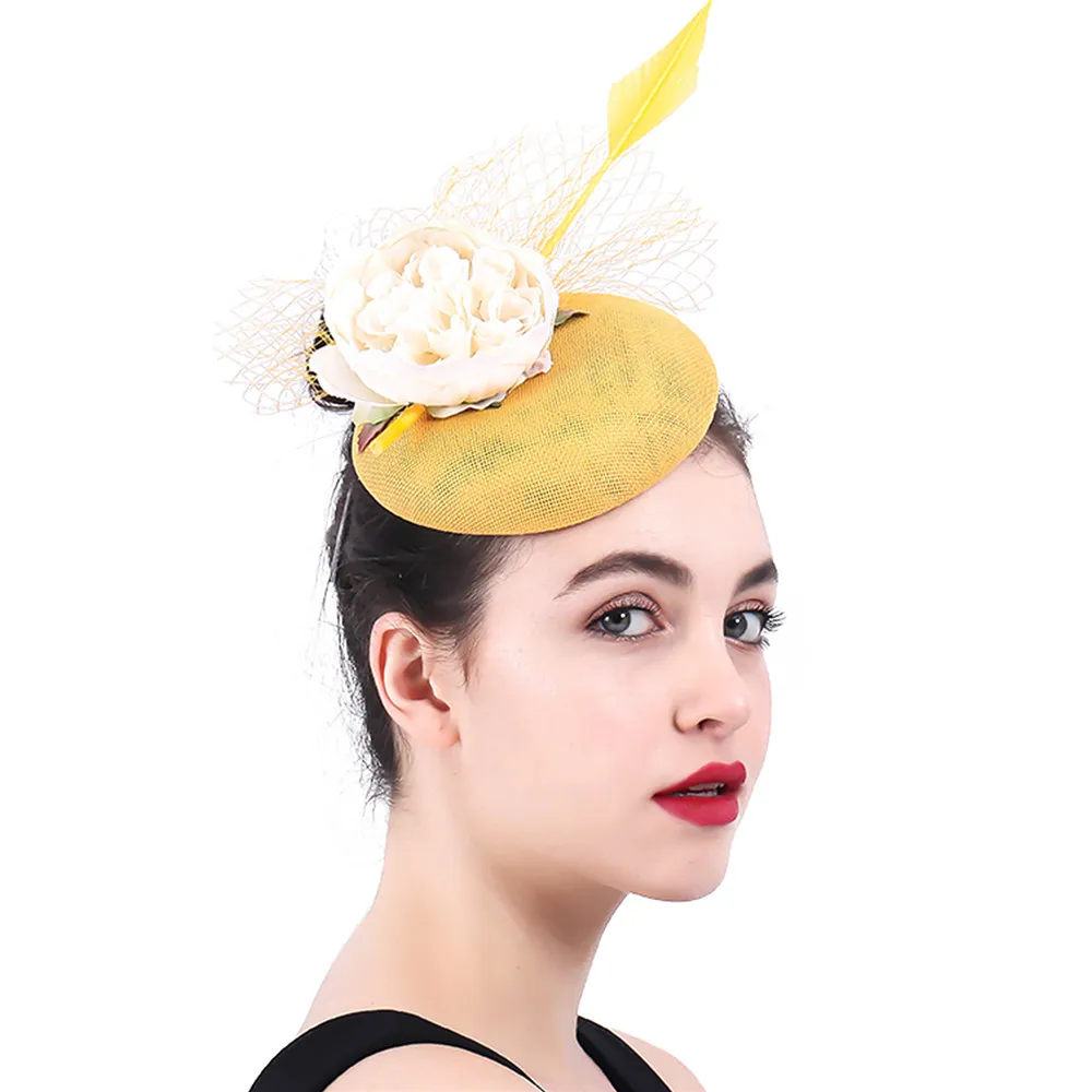 

Yellow Fascinators Millinery Women Elegant Fancy Floral Pillbox Hat Veils Married Bridal Party Hat Chapeau Tea Hair Accessories