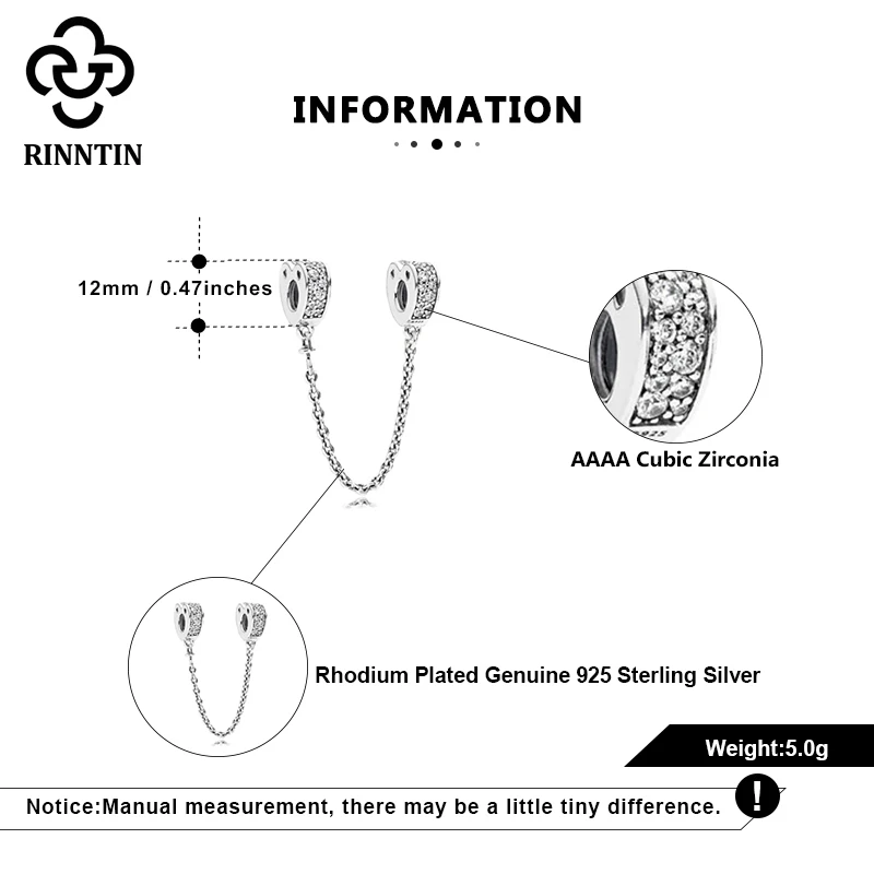 

Rinntin 925 Sterling Silver Beads Elegance Safety Chain Stopper Clip Charm CZ Fit for Bracelets Bangle DIY Jewelry Making TCB79