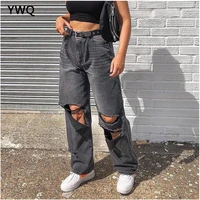 women black cargo jeans ripped pants for women high waist mom jeans vintage harajuku loose hole gray straight jean baggy