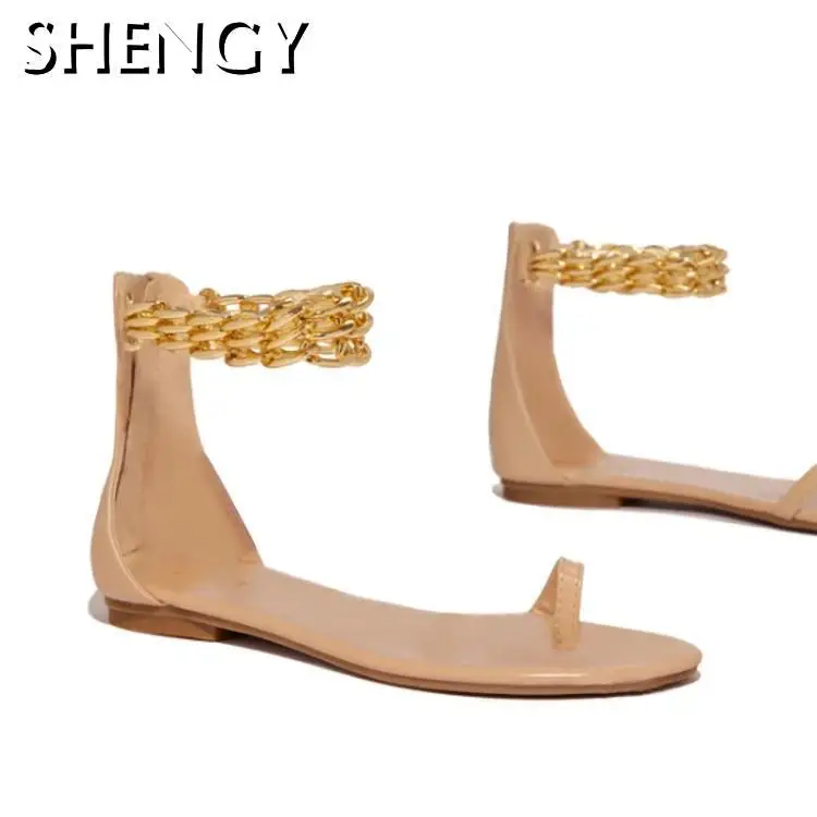 Сандалии женские с ремешком на щиколотке плоская подошва застежка-молния