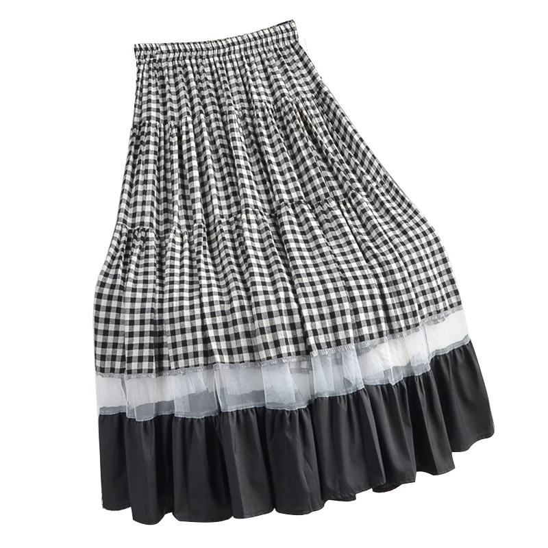 

Autumn Winter Women New High Waist Slim Elastic Waist Big Swing Plaid Stitching Mesh Mid-Length Skirt
