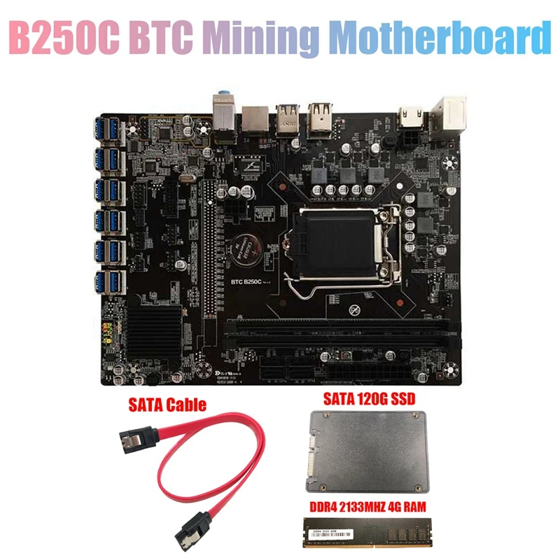 

Материнская плата B250C для майнинга BTC с 120G SSD + DDR4 4 Гб 2133 МГц ОЗУ + кабель 12xpcie на USB3.0 слот для карты LGA1151 для BTC