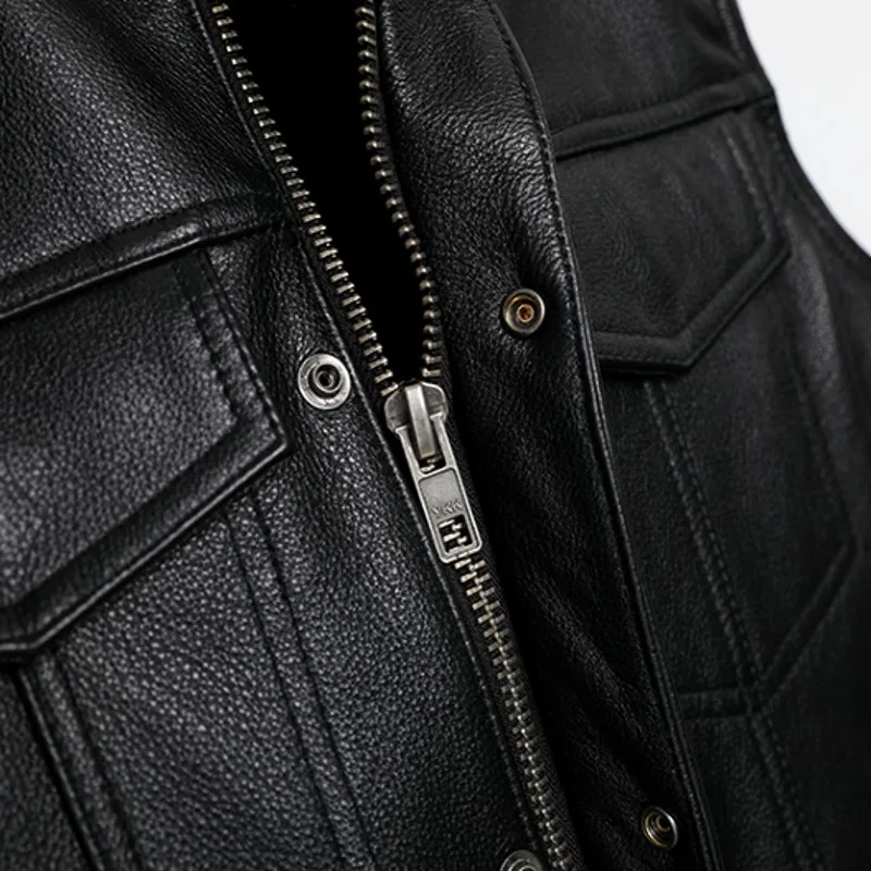 

Size 5XL Mens Plus Moto Riding Cow Leather Vest Stand Collar Single Breasted Biker Genuine Leather Sleeveless Jacket Waistcoat