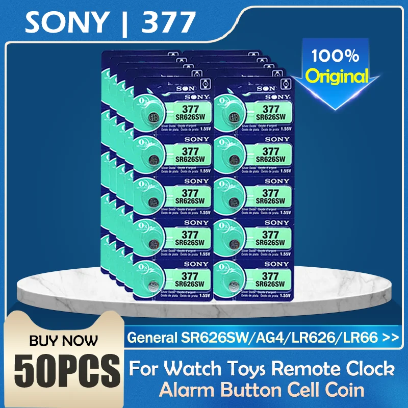 50 шт. 100% Sony Оригинал 1 55 в 377 SR626SW SR626 AG4 Серебряный оксид часы батарея кнопочная