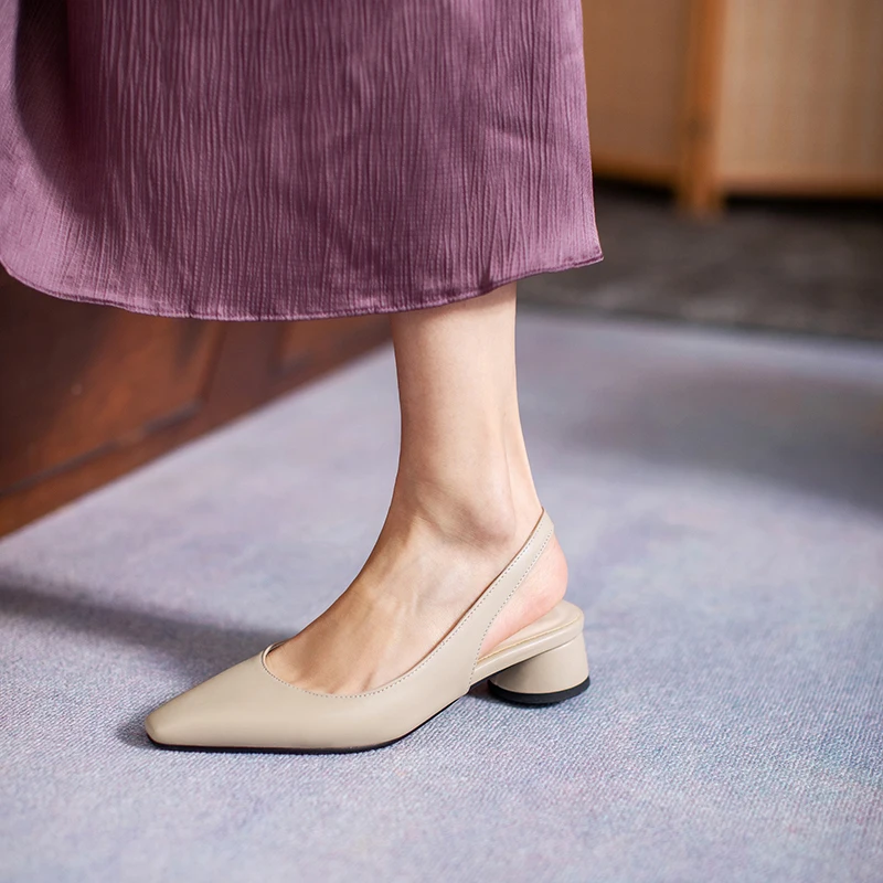 

comemore 2021 Square Med Heel Back Strap Women Sandals Microfiber Summer Ladies Pumps Pointed Toe Concise Female Shoes Plus Size