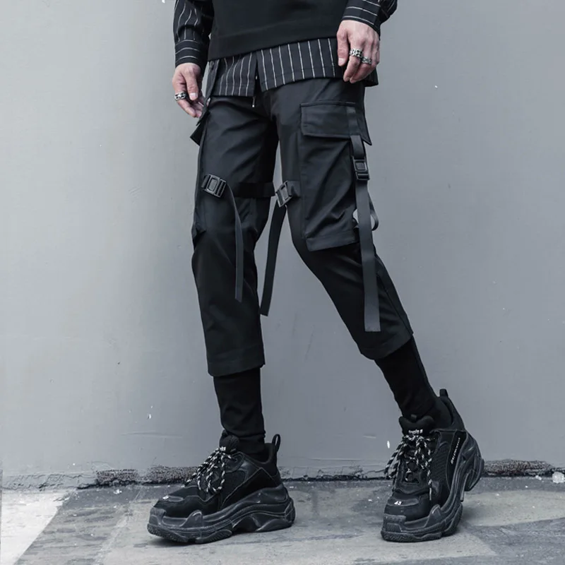 Men's Turnip Pants Spring And Autumn Solid Color Stretch Waist Trend Multi-Pocket Tactical Slim Leggings Stitching Pants